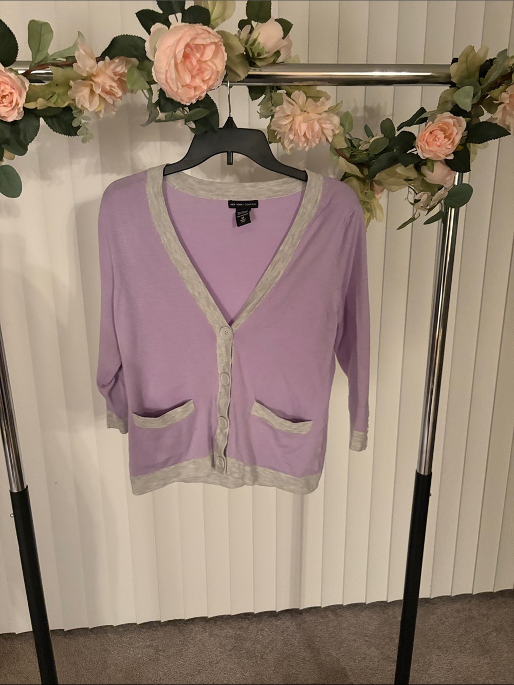 New York & Company Lilac Cardigan with Cream Trim